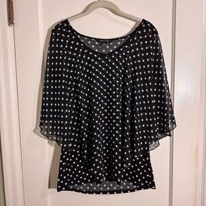 Polka Dot Cape-Sleeve Blouse in Black and White